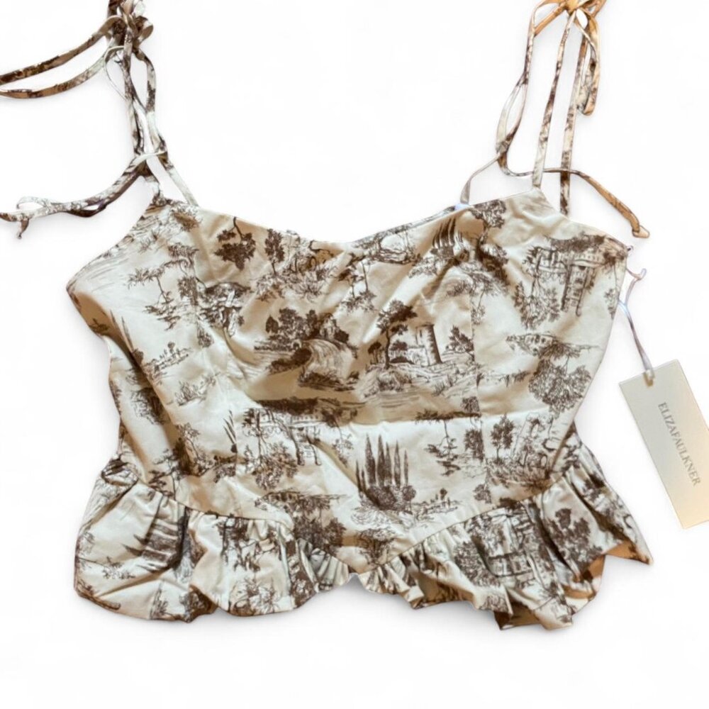 NWT plus-size Eliza Faulkner candy corset tank patterned brown/white tie back